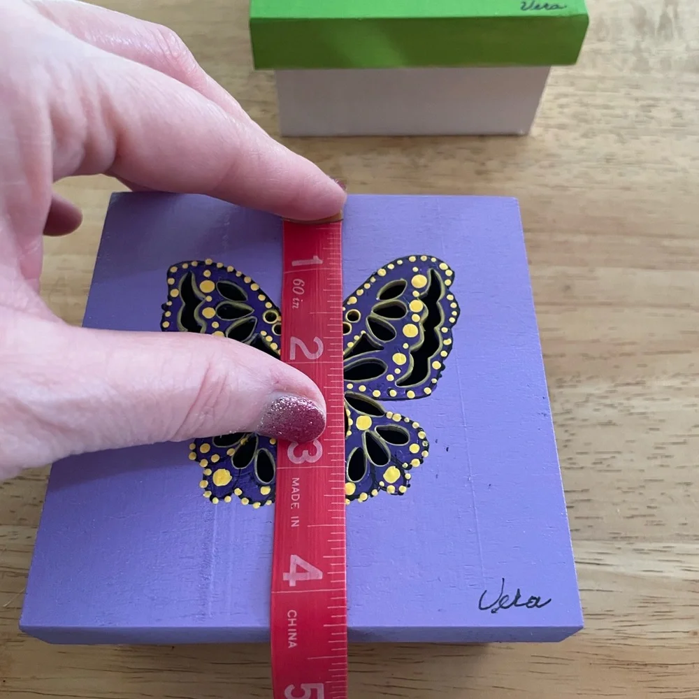 Handcrafted painted Wooden Boxes butterflies Set of 2 dotted purple green black